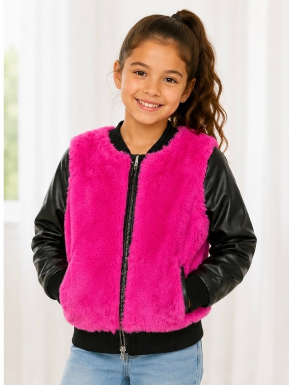 Kidpik Girls Pink Faux Fur Bomber Jacket NWT Size 10 Faux Leather Sleeves